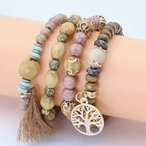 New Bohemian Beaded Layered 4 Strand Tree of Life Tassel Stretchy Bracelet Set